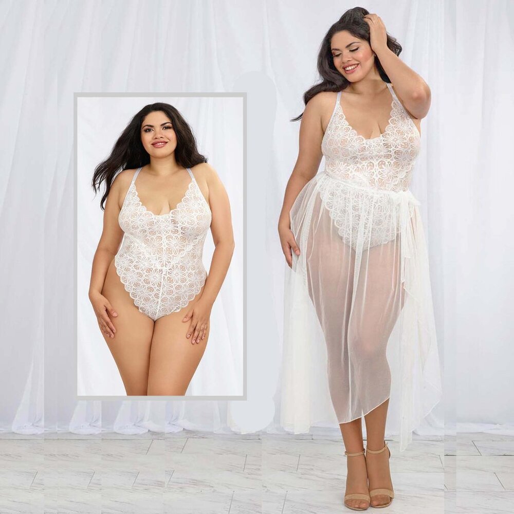 Lace Teddy and Sheer Skirt Set Womens Plus Size 3X White Bodysuit Lingerie